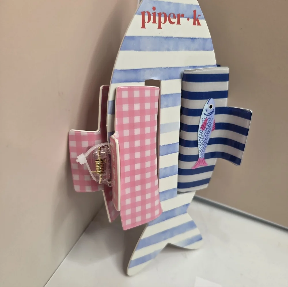 💙▪️Piper K▪️ Pink Plaid and Blue Striped Fish Print Hair Claw Clip Set Of 2